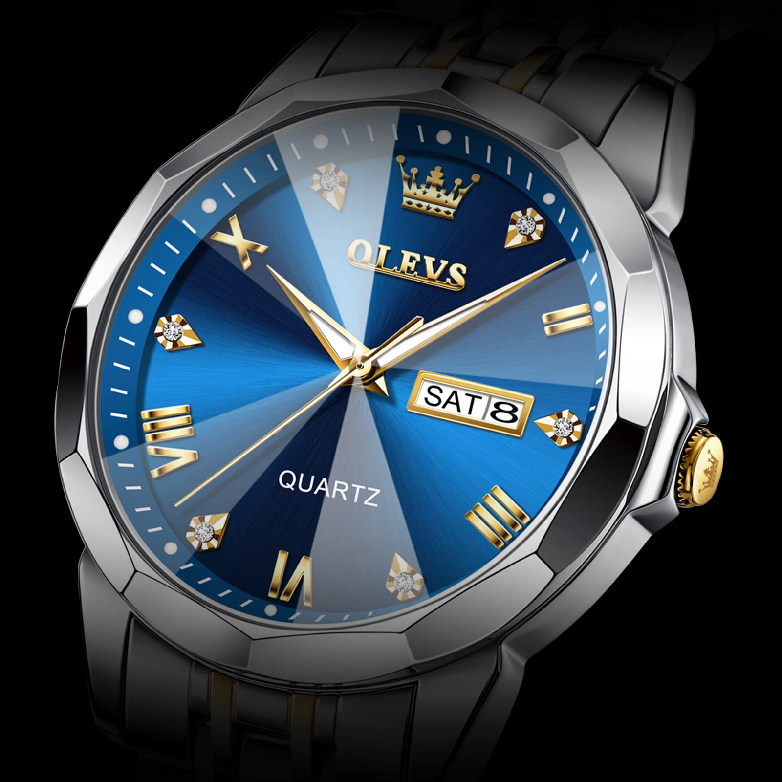 OLEVS Watches for Men Stainless Steel Analog Quartz Waterproof Luminous Luxury Dress Date Diamond Business Casual Mens Wrist Watch（Gold/Blue/Black/White Dial）