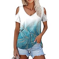 Cold Shoulder Tops for Women 2024 Print Casual Sexy Fashion Loose with Short Sleeve V Neck Summer Shirts