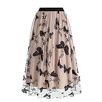 Womens Tulle Butterfly Skirt A-Line Layered Vintage Skirts Party Cocktail Evening Pleated Skirt Teen Girls Elegant Midi Skirt
