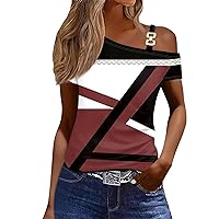 Womens Off The Shoulder Tops Summer Sexy Short Sleeve Shorts Plaid Graphic Tees Oversized Dressy Casual Blouses