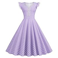Women's 50s 60s Vintage Flutter Sleeve Cocktail Party Dress V Neck Buttons Ruffle Polka Dot Audrey Homecoming Dresses