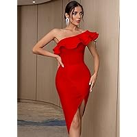 Women's Dress Dresses for Women One Shoulder Layered Flounce Hem Zip Back Bodycon Party Bandage Dress (Color : Red, Size : X-Small)