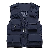Flygo Men's Casual Lightweight Outdoor Fishing Work Safari Travel Photo Cargo Vest Jacket Multi Pockets(X-Large, Navy Blue)