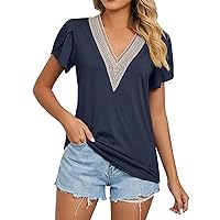 Women's Spring Tops Fashion T-Shirt Lace Splicing V Neck Tile Short Solid Colour Top Sexy, S-2XL