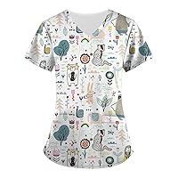Women's Plus Size Scrub Tops Floral Printed Crew Neck Short Sleeve Tee Workwear Flannel Shirts for Women