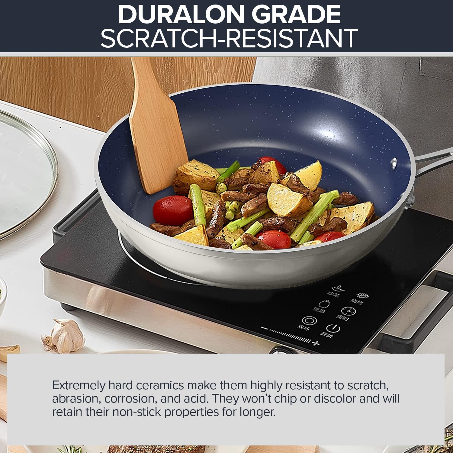 Nuwave 3-Piece 8”, 10”, 12” Forged Lightweight Frying Pan Set, G10 Healthy Duralon Blue Ceramic Ultra Non-Stick, Ergonomic Stay-Cool Handles, Induction-Ready & Works on All Cooktops