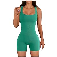 Women's Square Neck Bodysuit Workout Jumpsuit Sexy Ribbed Yoga Short Romper Knitted Sleeveless Seamless Gym Outfit
