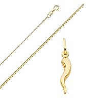 14k Yellow Gold Cornicello Italian Horn Pendant with 0.7mm Box Link Chain Necklace