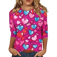 Valentine Shirt,3/4 Sleeve Shirts for Women Cute Valentine's Day Print Graphic Tees Blouses Casual Plus Size Basic Tops