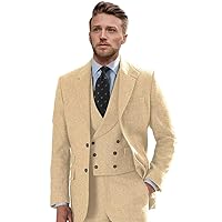 Wangyue Tweed Suits for Men Slim Fit 3 Piece Suit Double Breasted HerringboneTweed Suit Wool Suits 1920s Wedding Suits