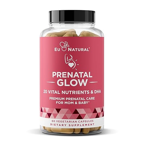 Glow Prenatal Vitamins for Women – 20-in-1 Vital Nutrients for Healthy Pregnancy and Fetal Development – Folic Acid & Vegan DHA For Baby's Growth & A Comfortable Pregnancy – 60 Nourishing Capsules