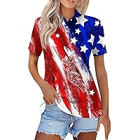 Women's Tops American Flag 4Th of July 2024 Cute Star Stripes Button Down Lapel Neck Short Sleeve Shirts Blouse