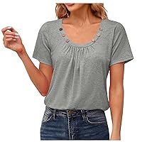 Women Scoop Neck T Shirt Summer Ruched Casual Tops Loose Fit Cozy Basic Tee Plain Short Sleeve Stylish Blouses