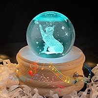 Music Box, 3D Crystal Ball Music Box with RGB Light Projection, 360 Rotating Wooden Base Night Light, Best Gift for Valentine's Day Birthday Girls Boys Women Mom, Room Decor-Cat