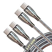 Metal Braided Wire USB C to USB C Cable 6ft, 2Pack, 60W 3A, Stainless Steel, Strong Durable Wire, Tangle Free, Pets Chewing Proof, Silver