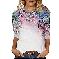 Womens Shirts 3/4 Length Sleeve Floral Print Casual Tops 2024 Summer Trendy Crewneck Blouses Loose Lightweight Tunic Tees