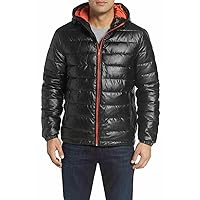 Cole Haan Men's Leather Faux Down Hooded Jacket with Contrast Lining
