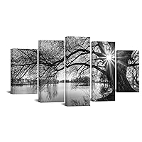 sechars - 5 Pieces Wall Art Old Tree by Lake Picture Canvas Prints Sunrise Painting Black and White Landscape Canvas Art Modern Wall Decoration Framed and Ready to Hang