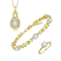 Matching Jewelry Love Knot Set: Yellow Gold Plated Silver Tennis Bracelet, Ring & Necklace. Gemstone & Diamonds, Adjustable 7