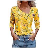 Womens Tops Dressy Casual Long Sleeve Shirts Trendy Asymmetric Lapel Button T-Shirt Loose Gradient Floral Blouses