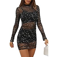 LYANER Women's Mesh Dress Long Sleeve Bodycon 3 Piece Outfits with Cami Shorts