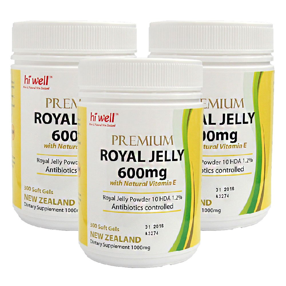 Hi Well Premium New Zealand Bee Royal Jelly 600mg with Natural Vitamin E 300 Soft Gels Immune Support Vitamins & Minerals (Pack of 3)