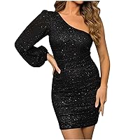 Women Sexy One Shoulder Sequin Dress Long Sleeve Glitter Ruched Bodycon Mini Dresses Teens Homecoming Party Clubwear