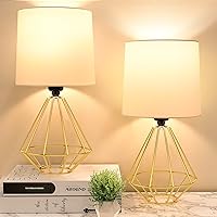 GGOYING Set of 2 Table Lamps, Modern Minimalist Small Bedside Lamps with Hollow Gold Metal Base and White Fabric Lampshade for Livingroom Bedroom