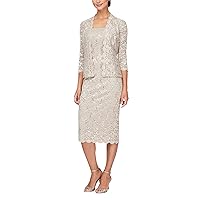 Women's Tea Length Sequin Lace Dress with Illusion Sleeve Jacket