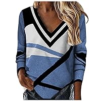 Color Patchwork Womens Oversized T Shirts Long Sleeved Tee Top V Neck Spring Fall Tunic Clothing Daily Sweatshirt