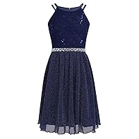 FEESHOW Big Girls Sequins Lace Bodice Halter Junior Bridesmaid Dress Shimmer Mesh Wedding Party Prom Gown