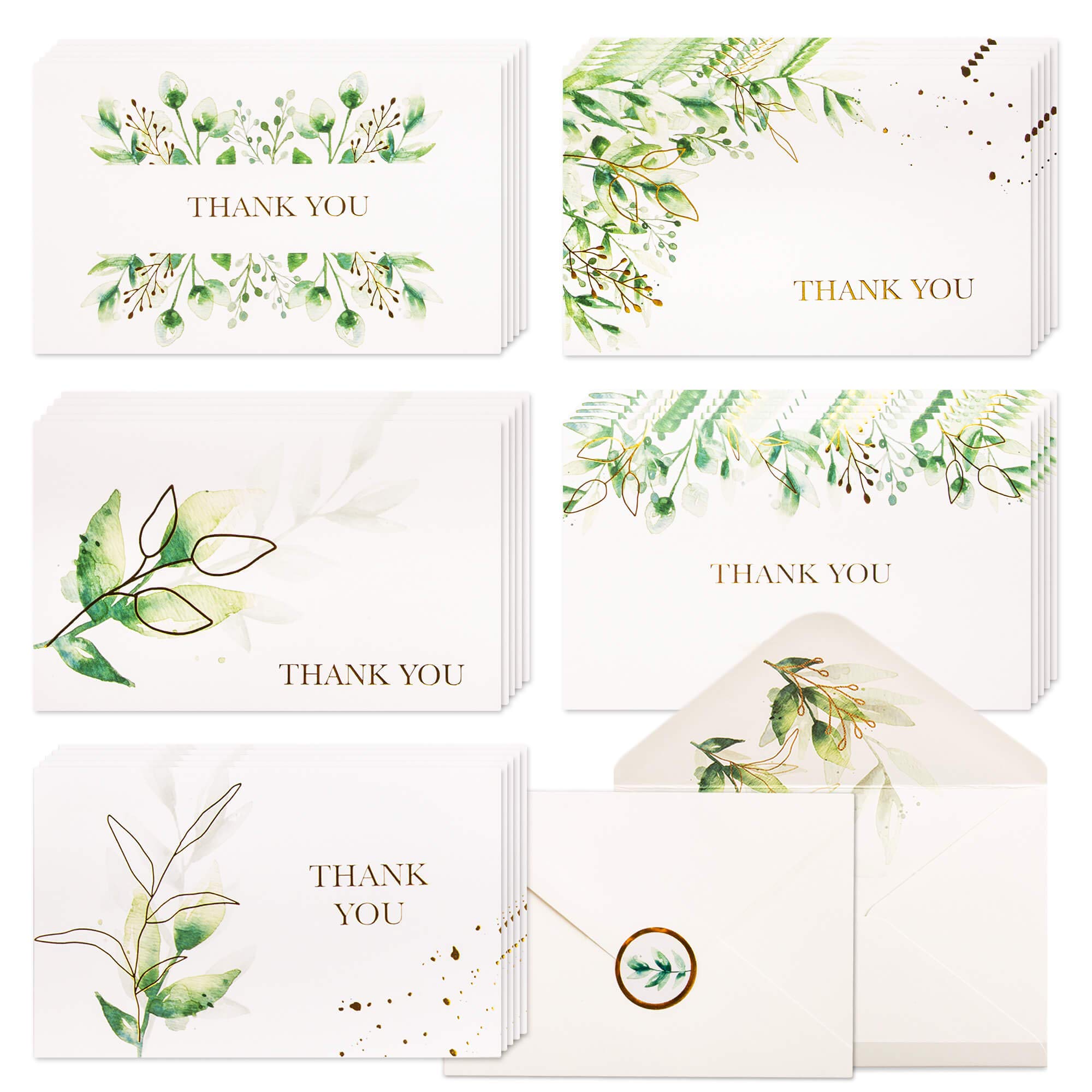 100 Greenery & Gold Foil Thank You Cards w/ Envelopes & Stickers, Bulk Boxed Set Assortment of Watercolor Green Leaves Floral Notes, Assorted Botanical Cards Pack for Wedding / Baby Shower