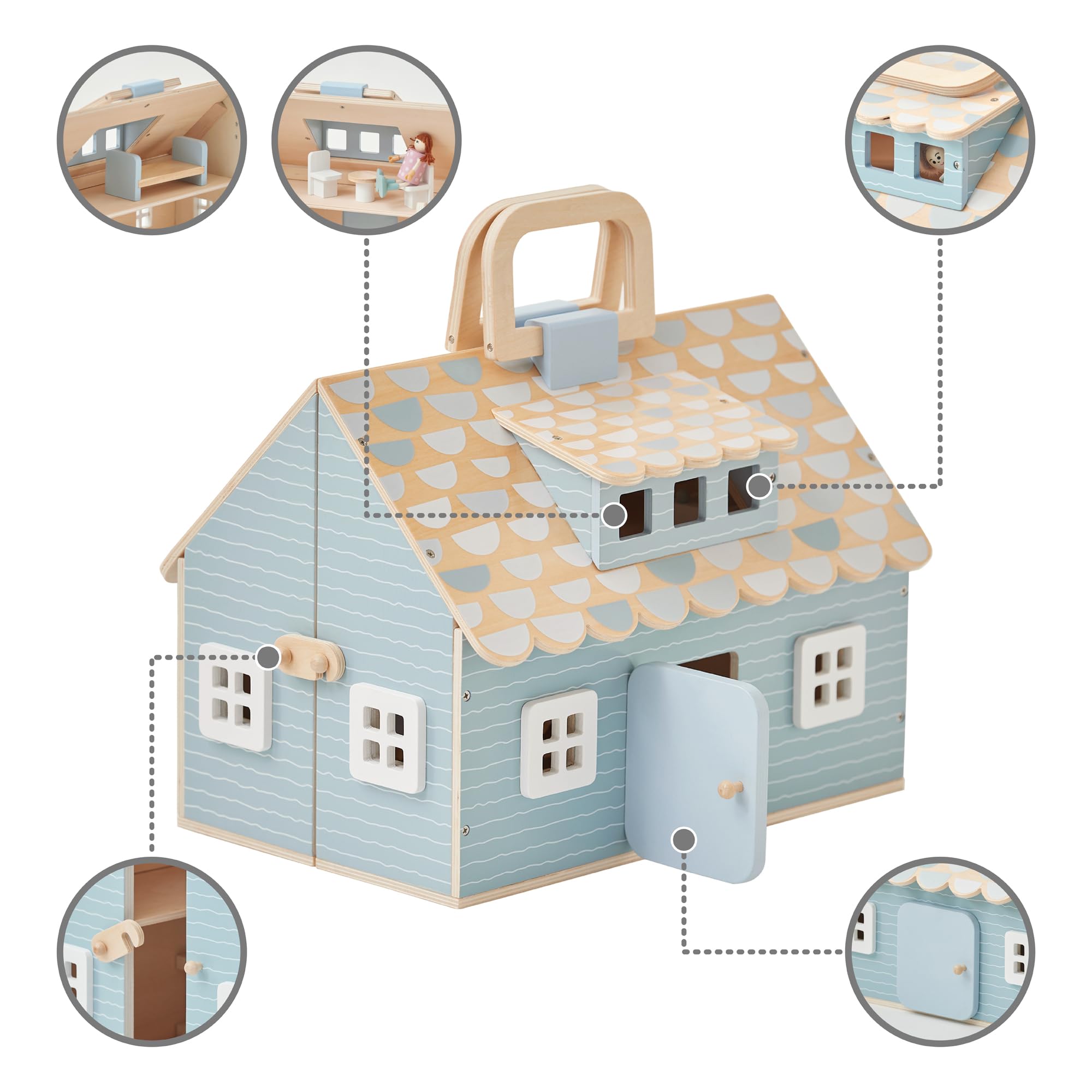 Olivia's Little World - Fold and Go Wooden Dollhouse, Quaint Little Cottage Portable Dollhouse Playset, Pretend Play Toy Gift Set with 12 Accessories, Powder Blue/Wood, Girls Gift, Ages 3+