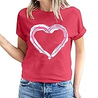 Simple Love Heart Print T-Shirt for Women Valentines Day Short Sleeve Casual Tops Lover Gift Crewneck Blouses