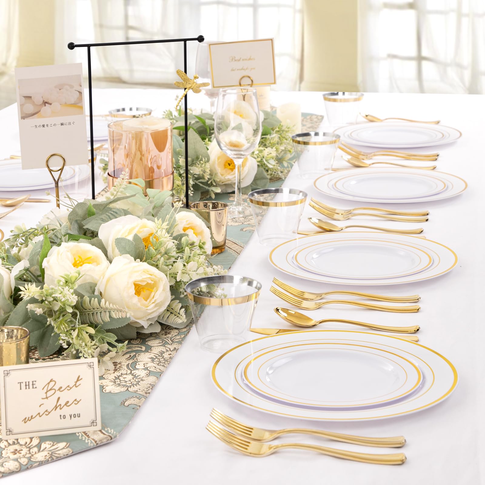 WELLIFE 350 Pieces Gold Plastic Plates with Disposable Silverware and Cups, Include: 50 Dinner Plates 10.25”, 50 Dessert Plates 7.5”, 50 Gold Rim Cups 9 OZ, 50 Gold Cutlery