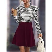 Spring Dresses for Women 2023 Houndstooth Leg-of-Mutton Sleeve -line Dress Dress for Women (Color : Burgundy, Size : Large)