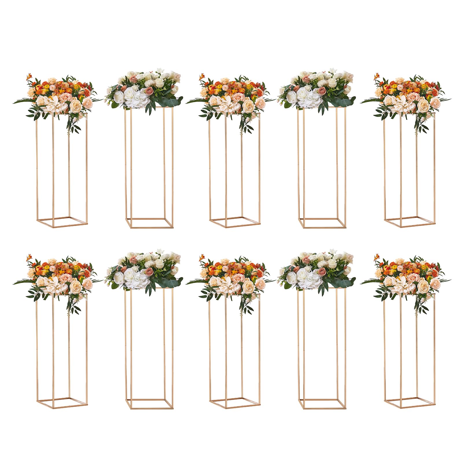 VEVOR 10PCS 31.5inch High Wedding Flower Stand, With Acrylic Laminate,Metal Vase Column Geometric Centerpiece Stands, Gold Rectangular Floral Display Rack for Events Reception, Party Decoration