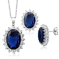 Gem Stone King 925 Sterling Silver Blue Simulated Sapphire Pendant Necklace and Earrings Set Bundle