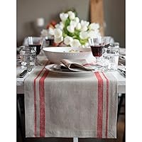 Solino Home French Stripe Linen Table Runner 120 inches Long – 100% Pure Linen 14 x 120 Inch Extra Long Table Runner, Red and Natural – Farmhouse Dining Table Runner for Spring, Summer