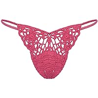 Men's Crochet Thong Bikini Panty Swimwear Handmade Low Rise Breathable Knit Sissy Underwear Watermelon Red One Size