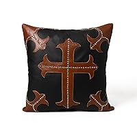 Decorative Leather Pillow Cover with Cross Cross Design in Middle and Corner with Silver & Rinstone Studs, for Sofa, Couch, Chair or Bed Set of (1)