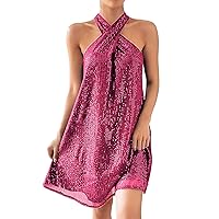 Cocktail Dresses for Women 2024 Elegant Classy,Women Casual Solid Halter Sequin Sleeveless A Line Dress Loose D