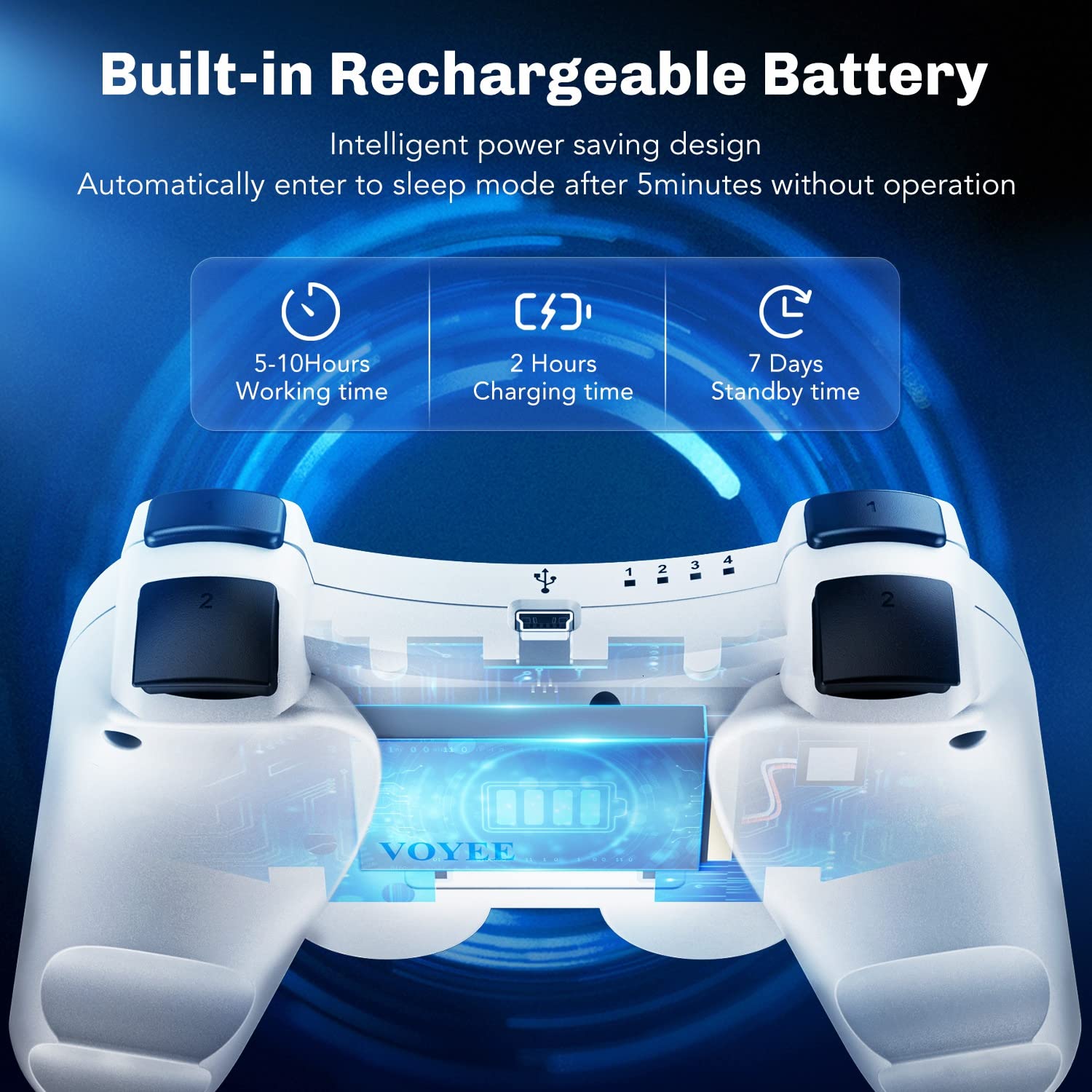 VOYEE Wireless Controller Compatible with Playstation 3 PS-3 Controller with Upgraded Joystick/Rechargerable Battery/Motion Control/Double Shock (White)