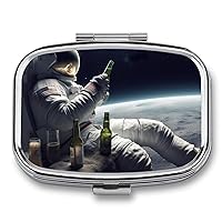 Pill Box Portable Pill Case for Pocket Astronaught with Beer Travel Small Pill Organizer 2 Compartment Metal Pill Container Holder for Medicine Vitamins Fish Oil Supplements