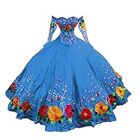 Colorful Flower Embroidery Ball Gown Mexican Quinceanera Dresses with Long Illusion Sleeves Prom Cocktail 2024