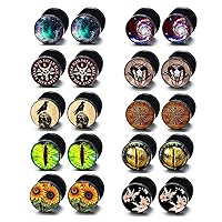 10 Pairs Stainless Steel Men Earrings Studs Fake Gauges Ear Piercing Plugs Tunnel Screw Design Eyeball Black Earrings Flat Back Stud Earring Set for Men Women