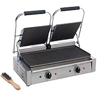 SG-813 Double Electric Sandwich Panini Grill with Cast Iron Grooved Plates, Stainless Steel, Oil Tray, 120v