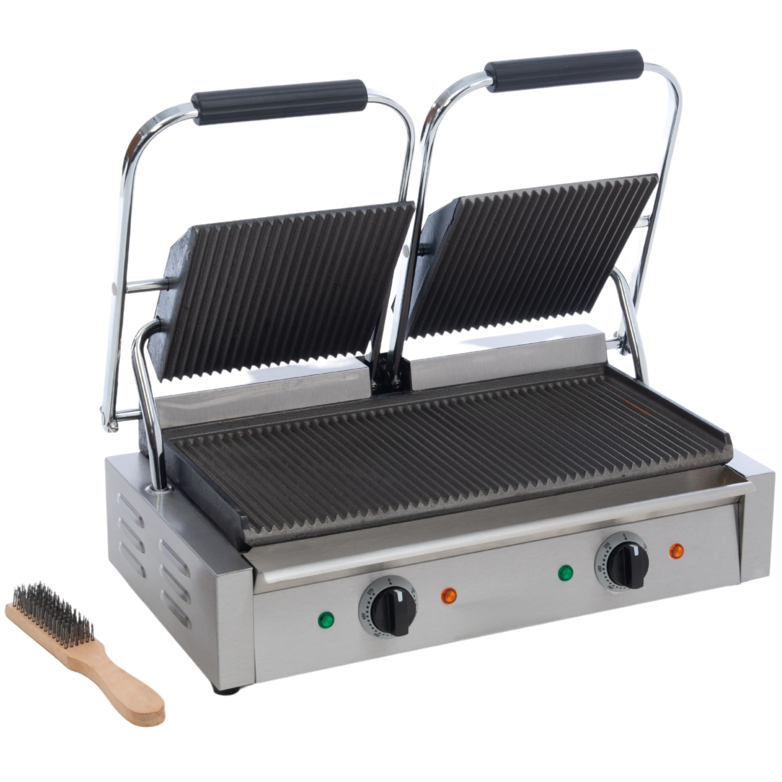 FSE SG-813 Double Electric Sandwich Panini Grill with Cast Iron Grooved Plates, Stainless Steel, Oil Tray, 120v