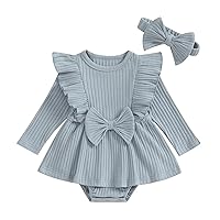 Newborn Baby Girl Clothes Ribbed Romper Dress Solid Color Ruffle Long Sleeve Jumpsuit Bodysuit with Headband Set