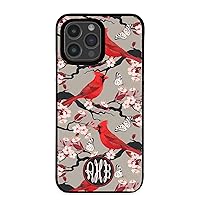 Monogram Cherry Tree Cardinals Case for iPhone 14 Pro Plus Max, Personalized iPhone Case, Gift for Her Birthday Mom Girls, Black Rubber, Slim Fit